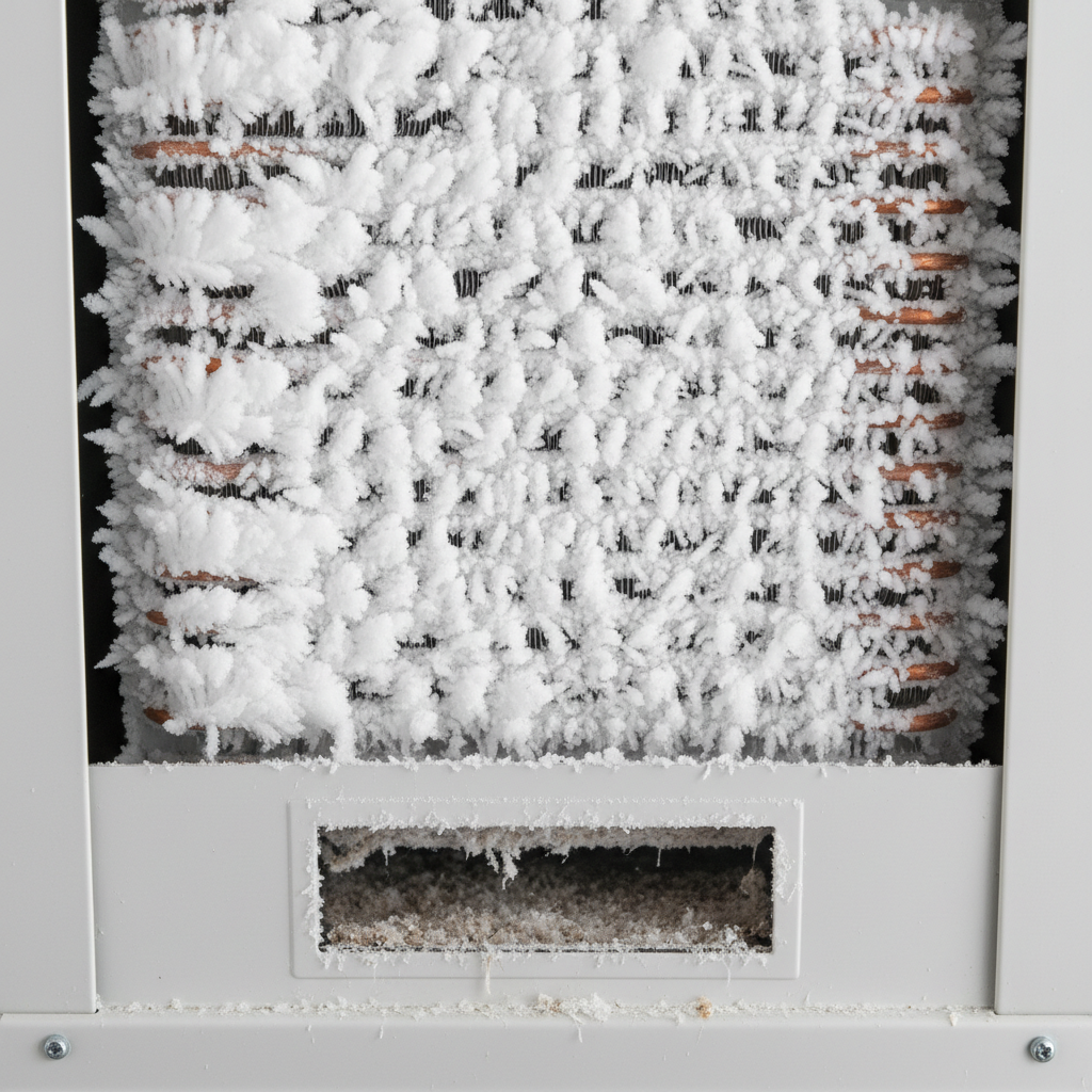 Severely frozen evaporator coil inside an AC air handler unit, covered in thick ice due to restricted airflow from a dirty filter.