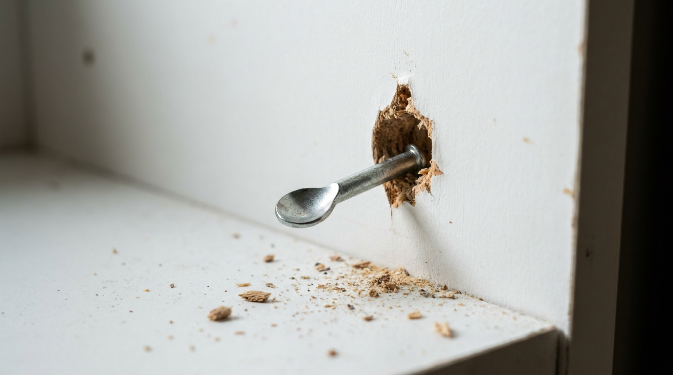 A close-up of a failing shelf support pin falling out of a worn-out hole in a white bookcase.
