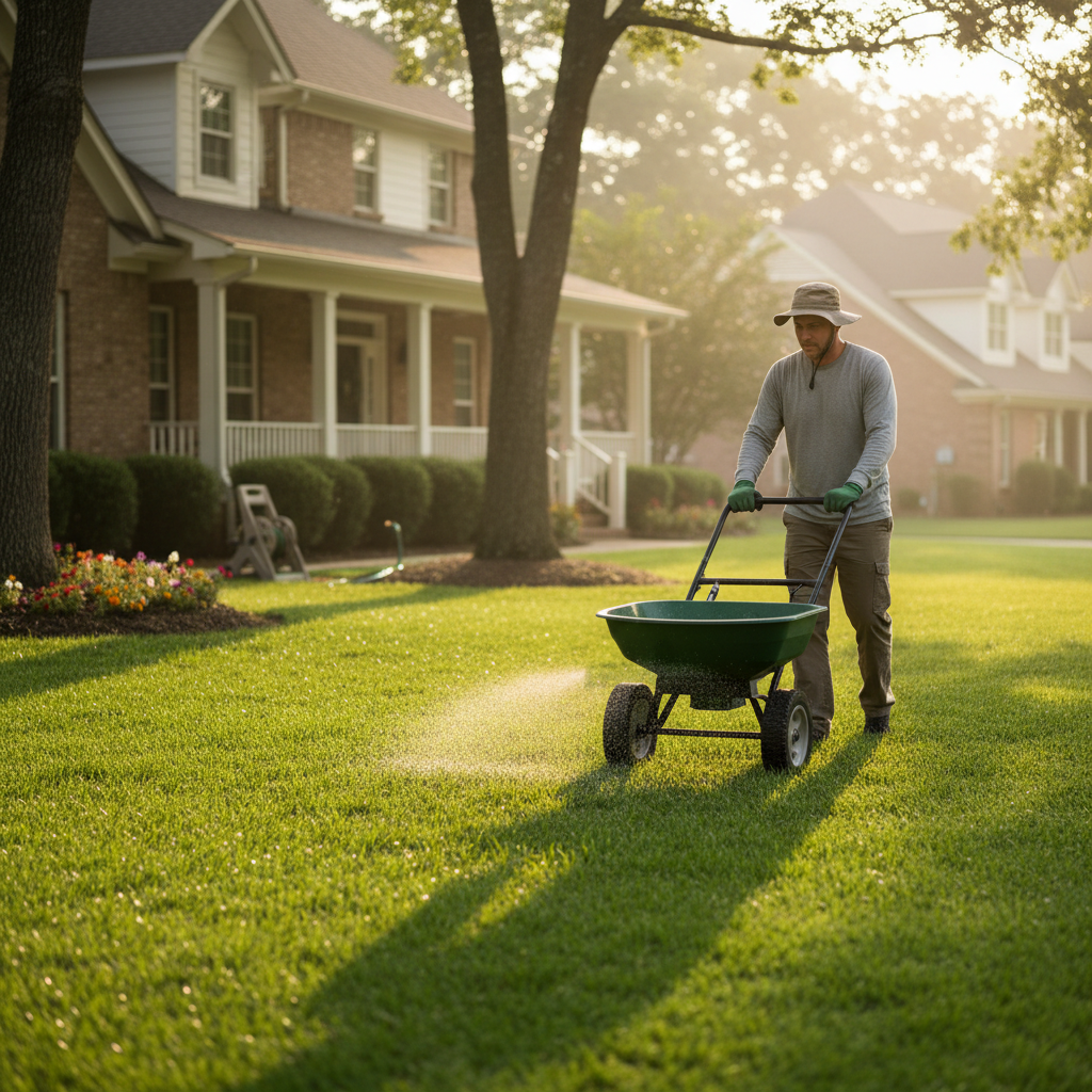 Homeowner using a broadcast spreader to fertilize a healthy green lawn in early morning light.