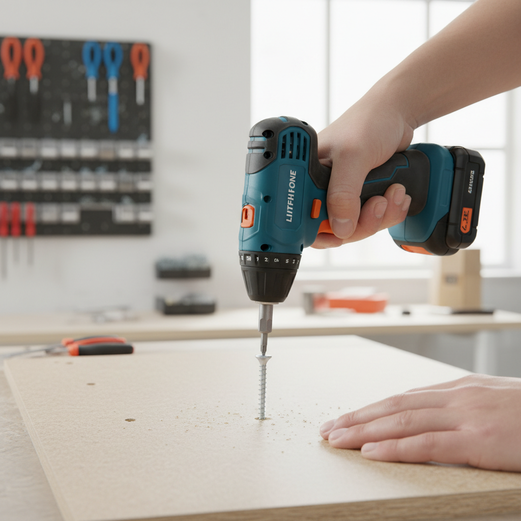 Compact electric screwdriver driving a screw into a piece of wooden furniture, homeowner hands blurred.