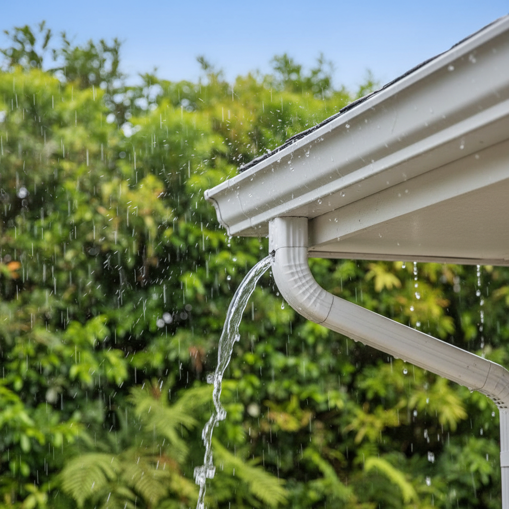 Clean gutter with water properly flowing into a downspout during heavy rain, no overflow.