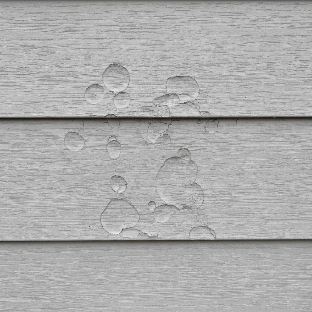 Close-up of residential vinyl siding with circular dents and small cracks from hailstones.