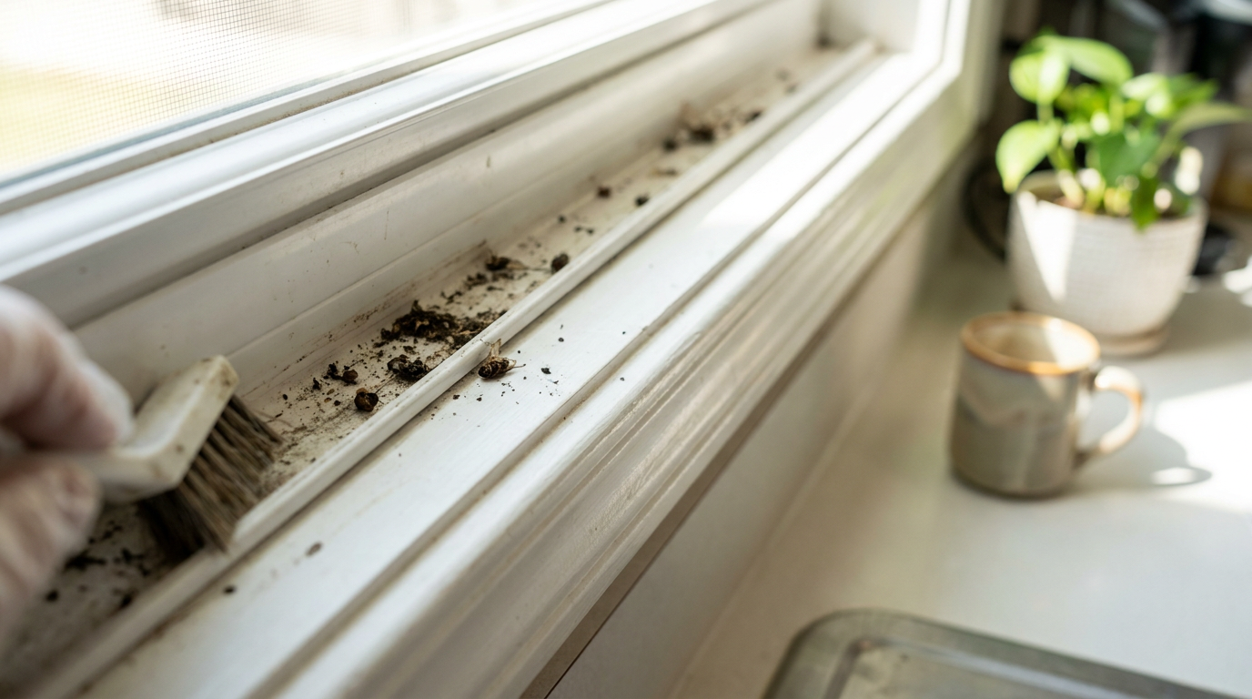 A close-up of a filthy white vinyl window track before being deep cleaned.