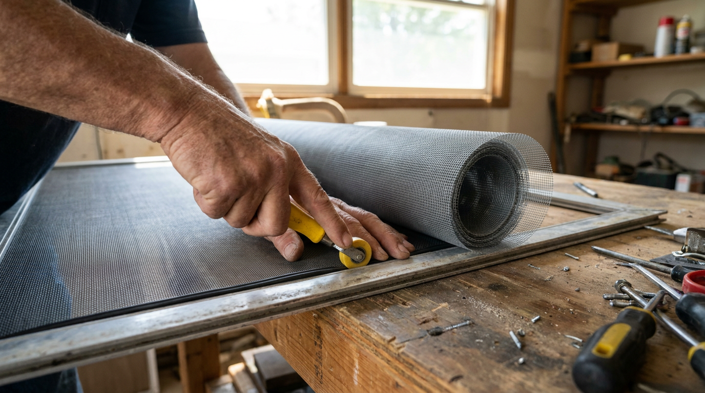 A person using a special tool to install new mesh on a window screen frame.