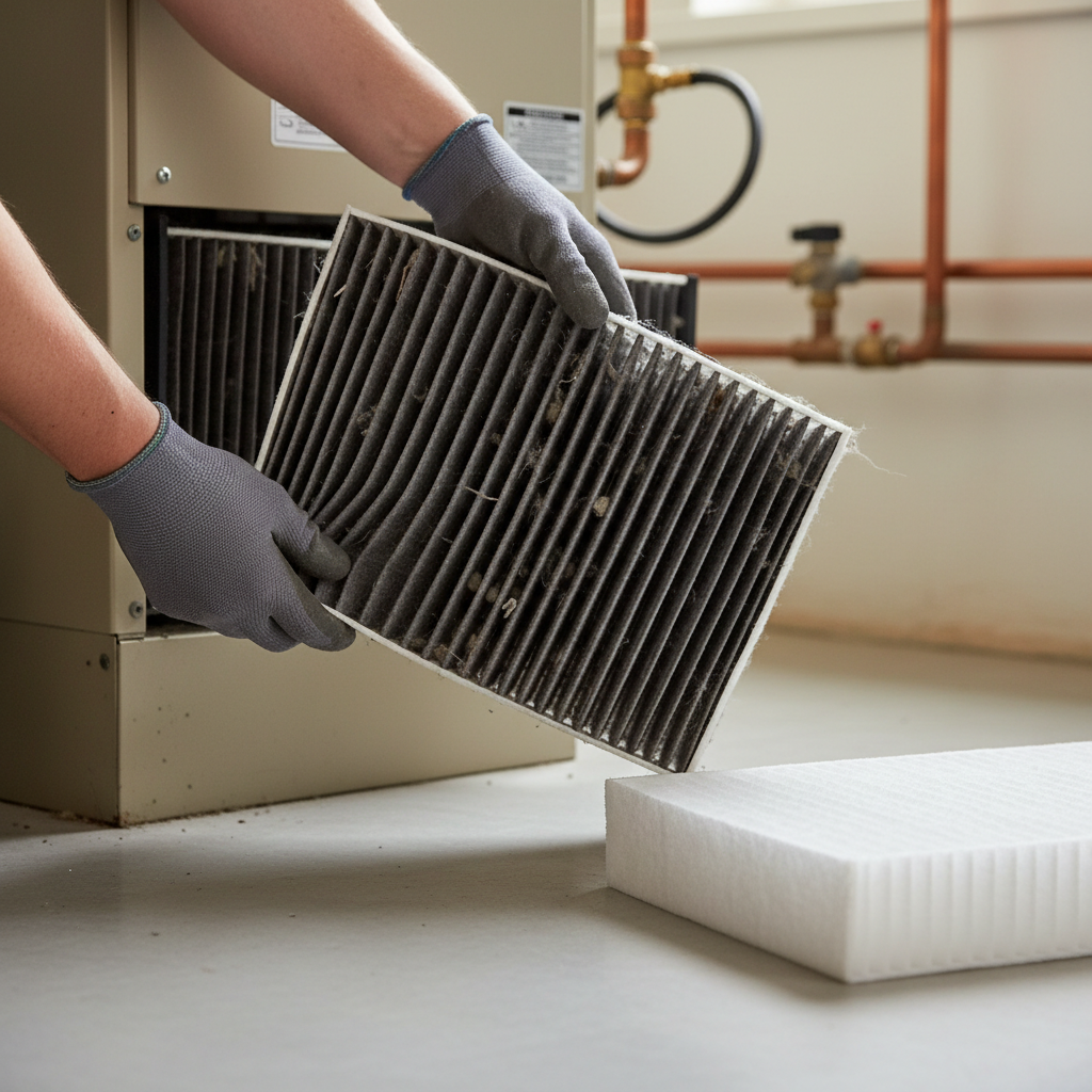 Hands pulling a filthy HVAC air filter from a furnace next to a clean new filter.