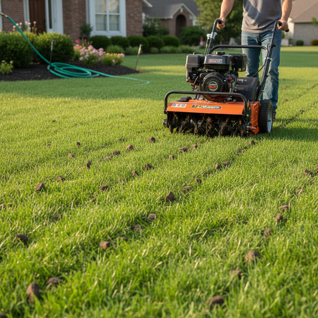 Homeowner using a core aerator on a green lawn, showing soil plugs and hose