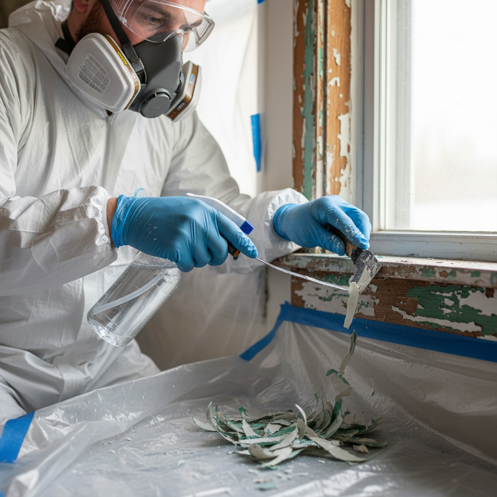 Homeowner safely scraping lead paint from a window frame with a respirator and containment plastic.