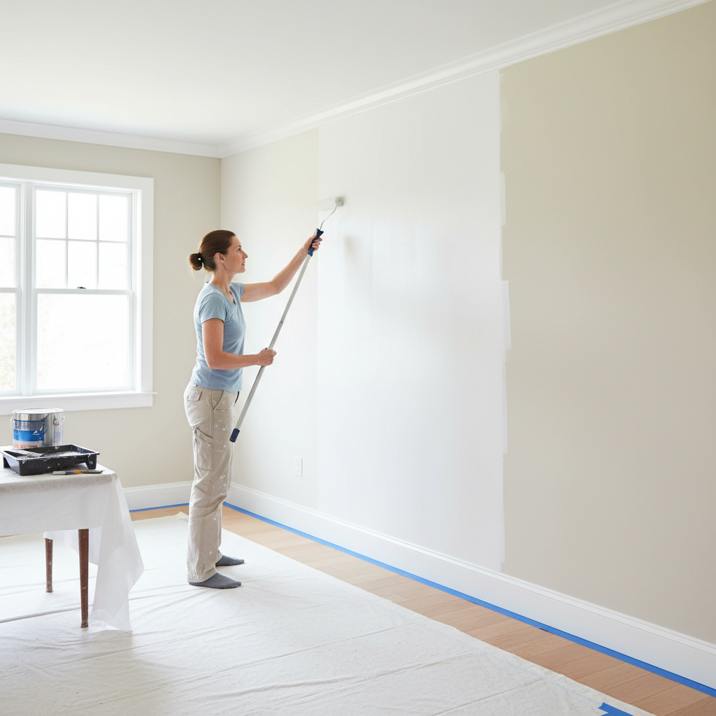 A homeowner skillfully painting an interior wall with a roller, ensuring a smooth and even finish.
