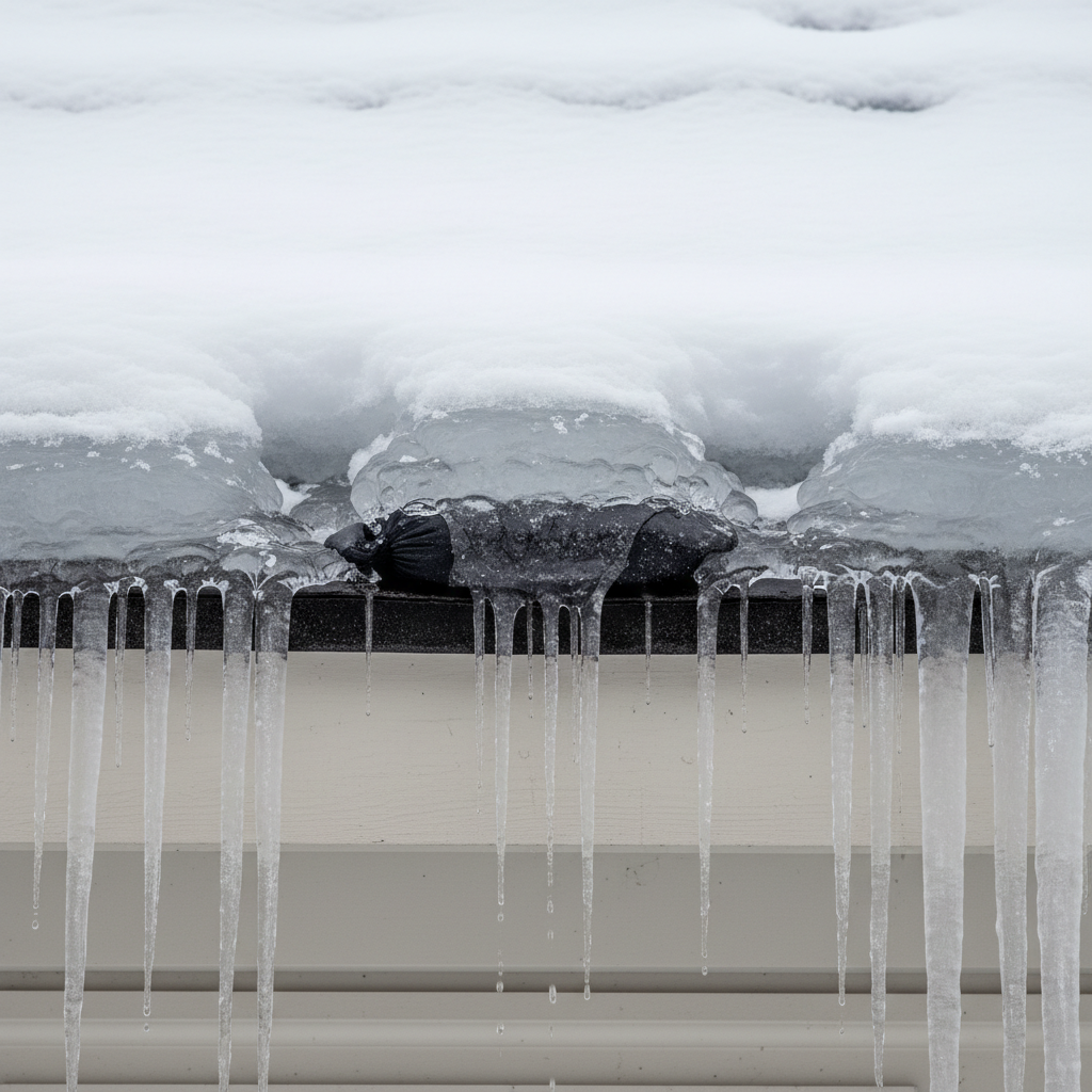 A nylon stocking filled with calcium chloride melting a channel through a large ice dam on a house roof.