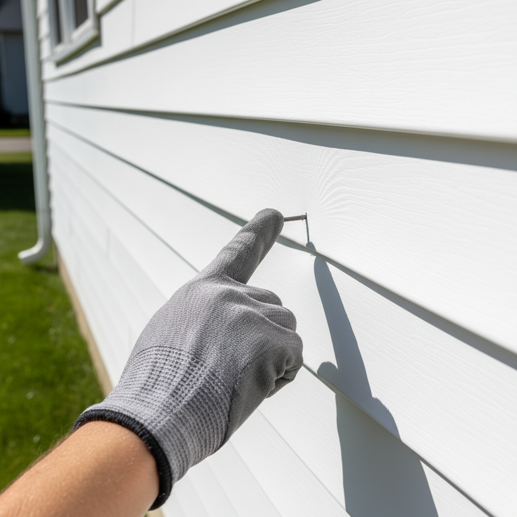 Contractor pointing at buckled vinyl siding, showing ripples and waves from improper installation.