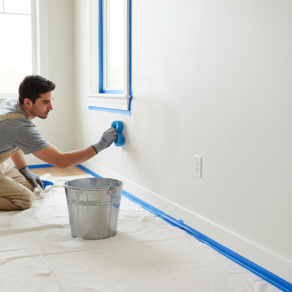 Homeowner meticulously cleaning an interior wall with a sponge and bucket, preparing for painting.