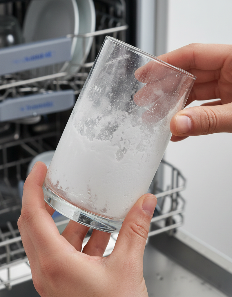 A clear drinking glass held up to the light, showing a cloudy white residue left by a dishwasher.