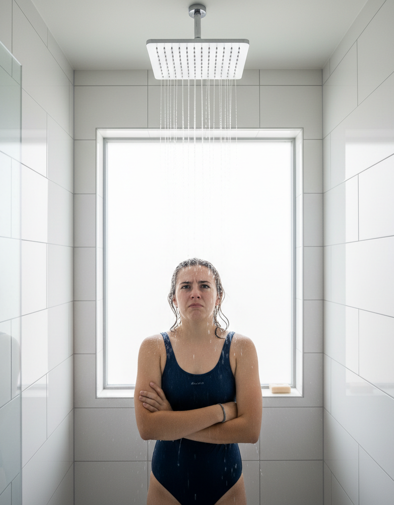 A homeowner looks up in frustration at their shower head, wondering why the hot water has run out again.