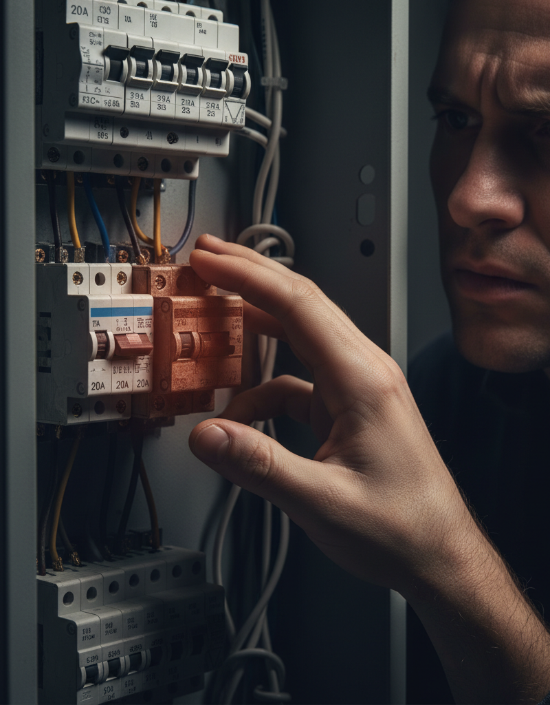 A hand gently feeling a circuit breaker in an open electrical panel to see if it is warm.