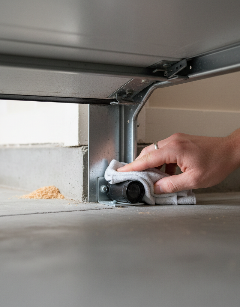 A person cleaning the safety sensor on a garage door track to fix a flashing opener light.