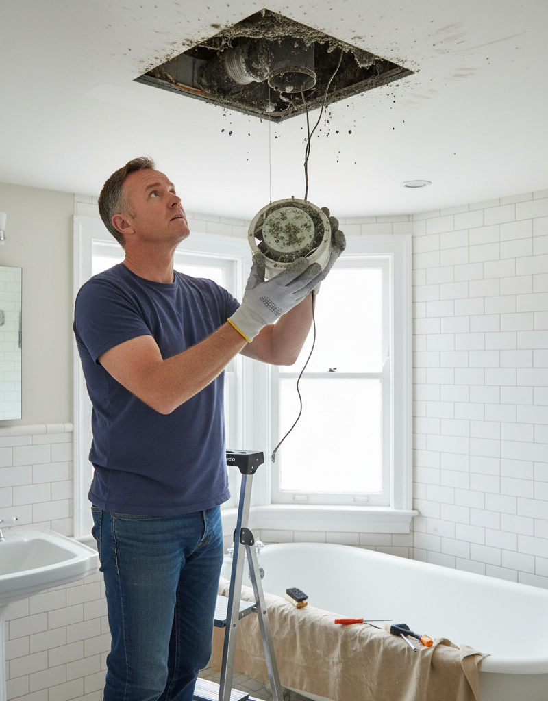 A person cleaning a dirty, moldy bathroom exhaust fan unit in a tiled bathroom.