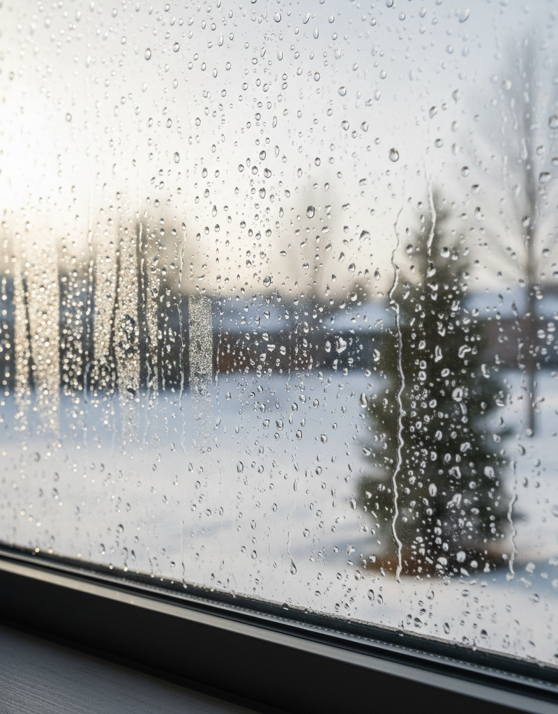 Water droplet condensation forming on the inside of a home window.