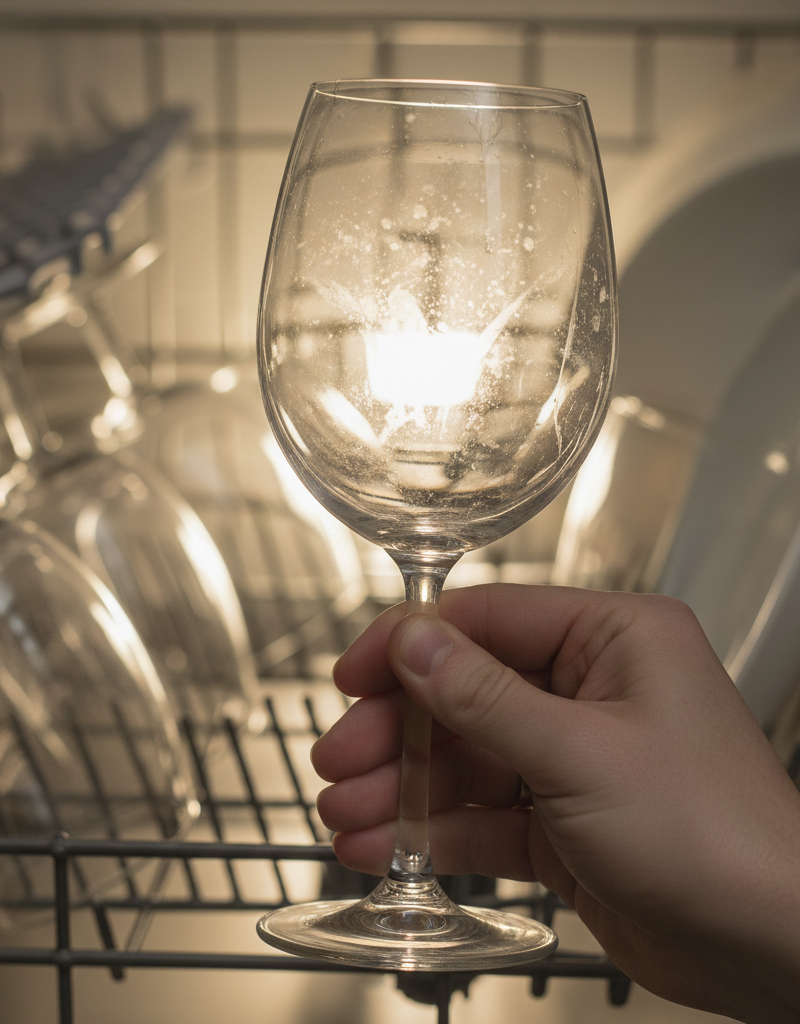 A cloudy wine glass covered in white hard water residue, held up to the light to show the spots and film left by a dishwasher.