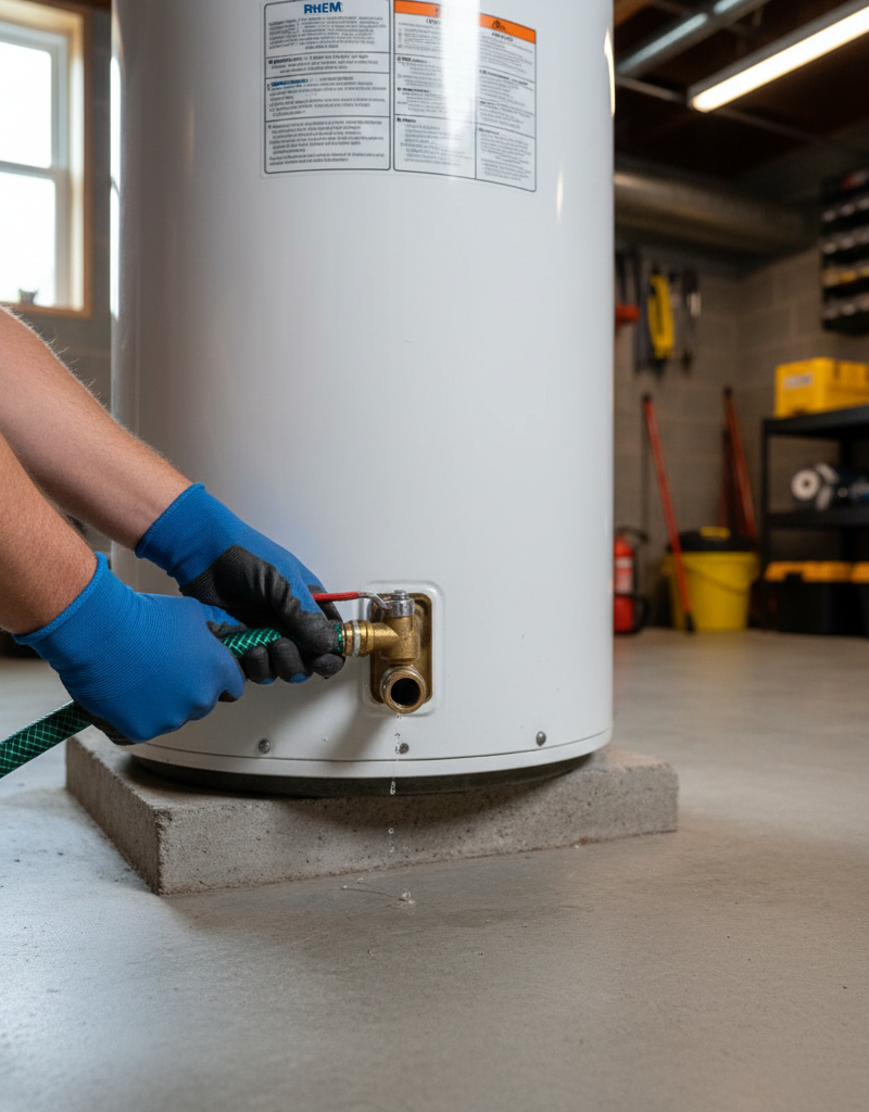 A person attaching a hose to the drain spigot at the bottom of a home's water heater, preparing to flush it.