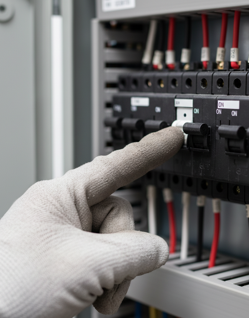 A person's hand feeling the temperature of a circuit breaker in a home electrical panel.