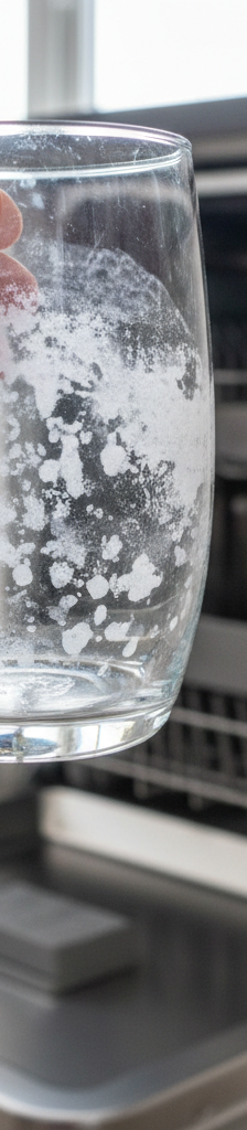 A clear drinking glass covered in a chalky white film from hard water deposits, held up in front of a modern dishwasher.