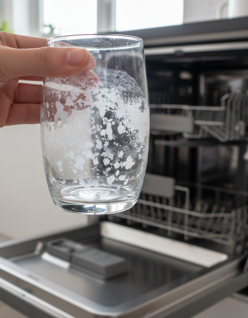A clear drinking glass covered in a chalky white film from hard water deposits, held up in front of a modern dishwasher.