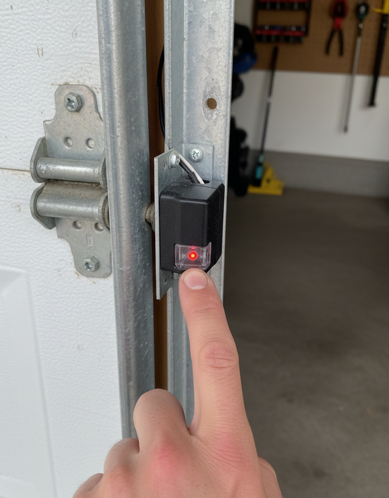 A close-up view of a garage door safety sensor with its LED light illuminated, mounted next to the garage door track.