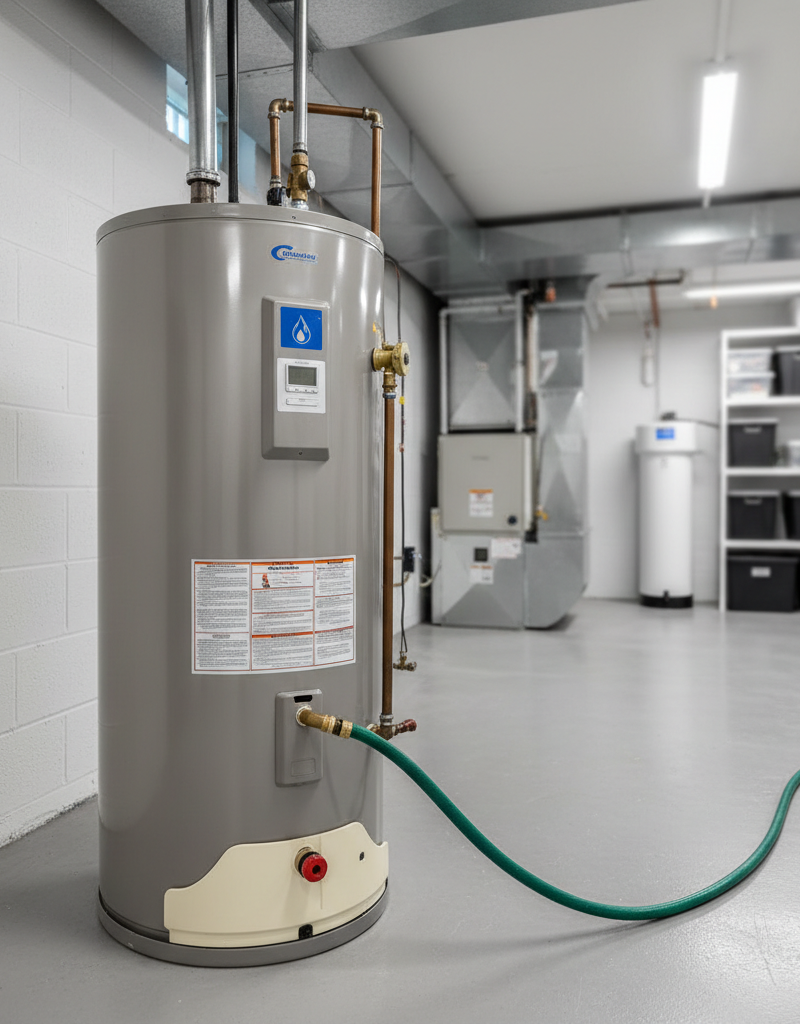 A homeowner flushing a tank-style water heater to remove sediment and restore hot water capacity.