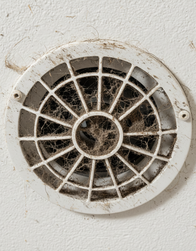 A dirty bathroom exhaust fan cover with visible dust and musty buildup, indicating a need for cleaning.
