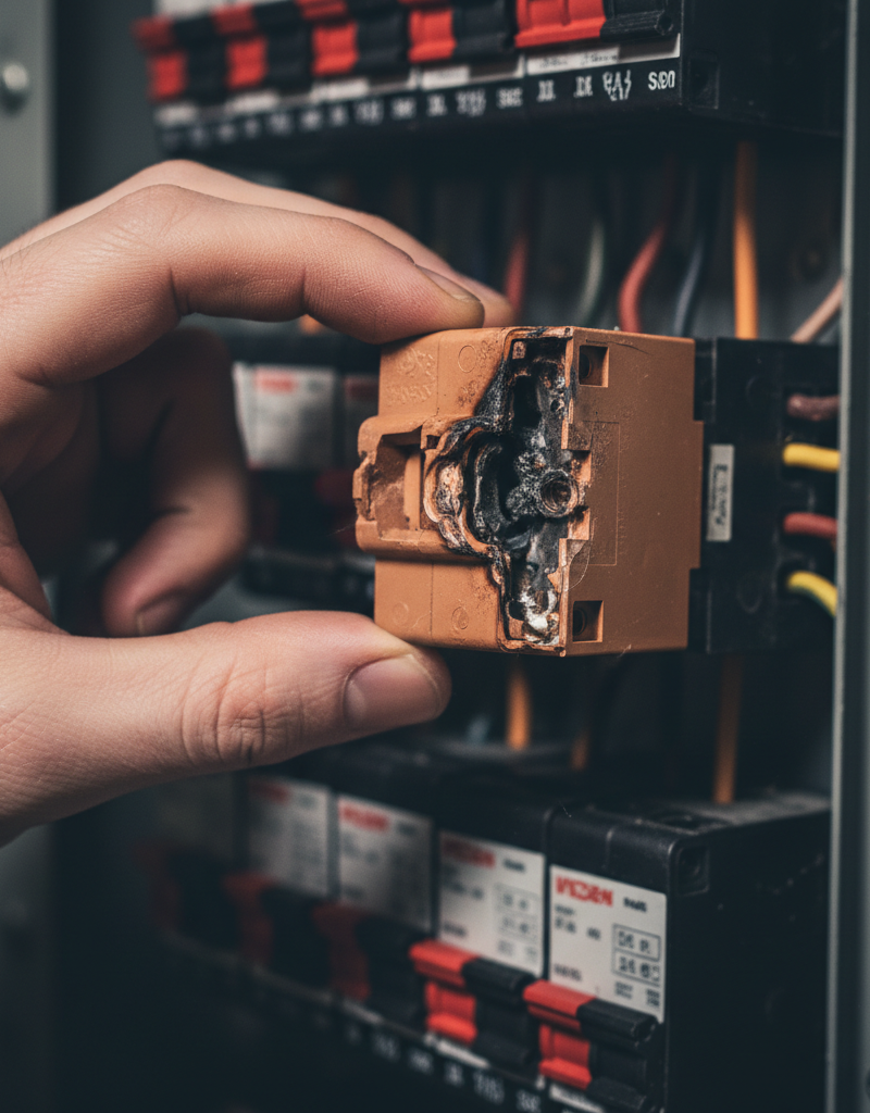 A hand touching a warm circuit breaker in an electrical panel, a potential fire hazard.