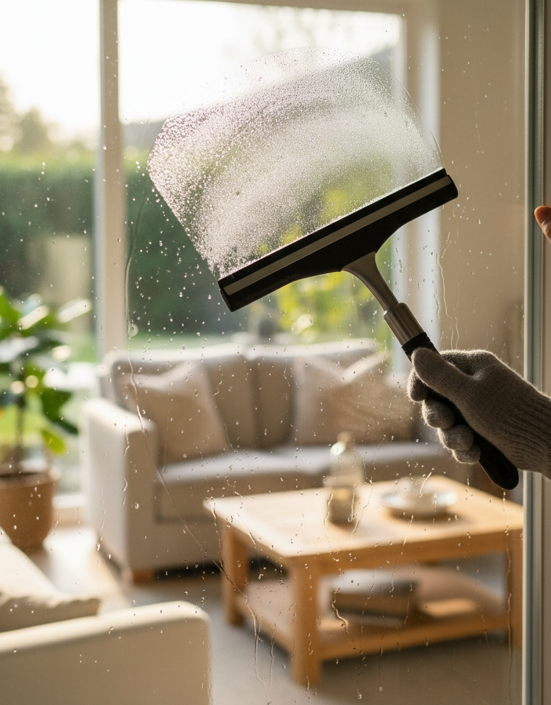 A person cleaning moisture and condensation off a window pane, illustrating a common home maintenance task related to high indoor humidity.