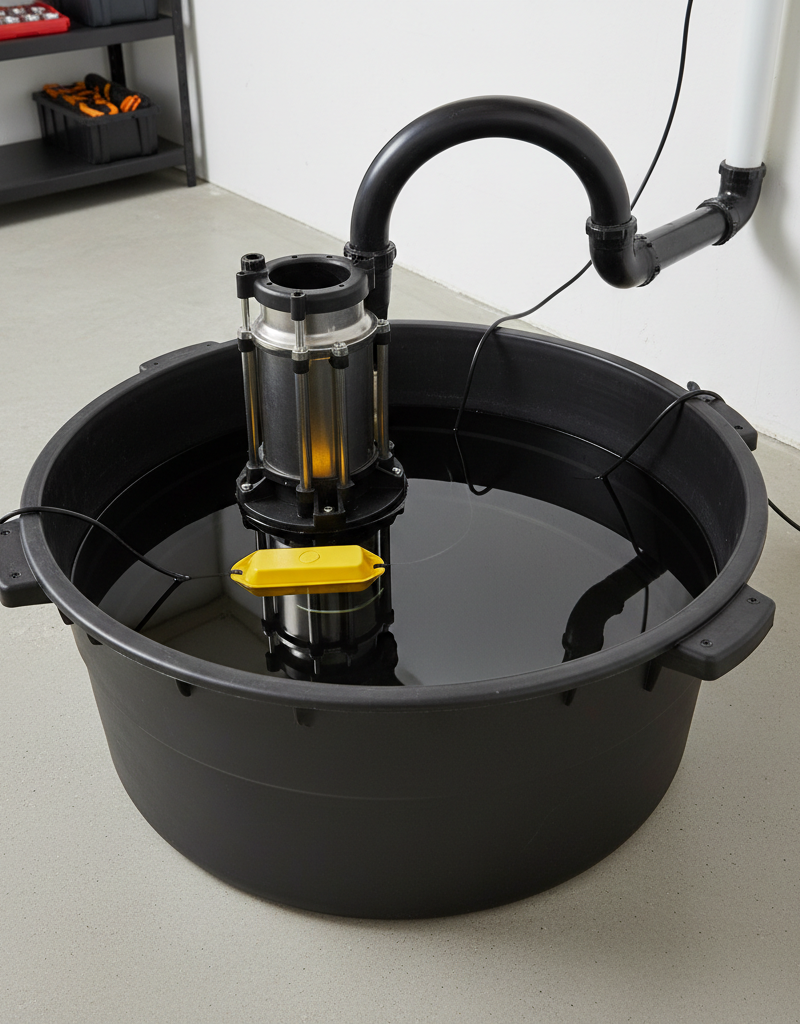 A view into a basement sump pit showing the sump pump, float switch, and water level, illustrating a system ready to work.