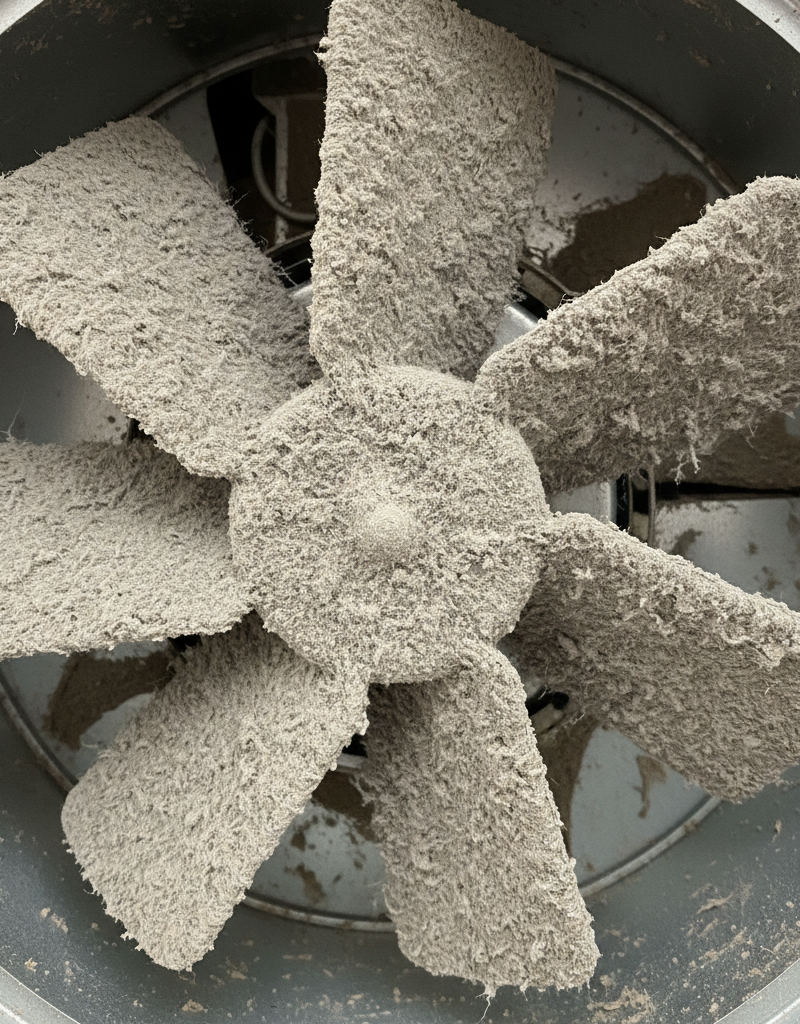 A dirty bathroom exhaust fan impeller, caked with dust and grime, which is the source of a musty smell.