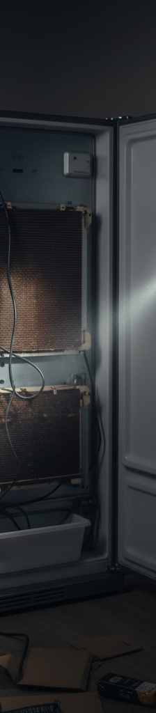 A person inspecting the back of their refrigerator for the source of a loud buzzing noise.