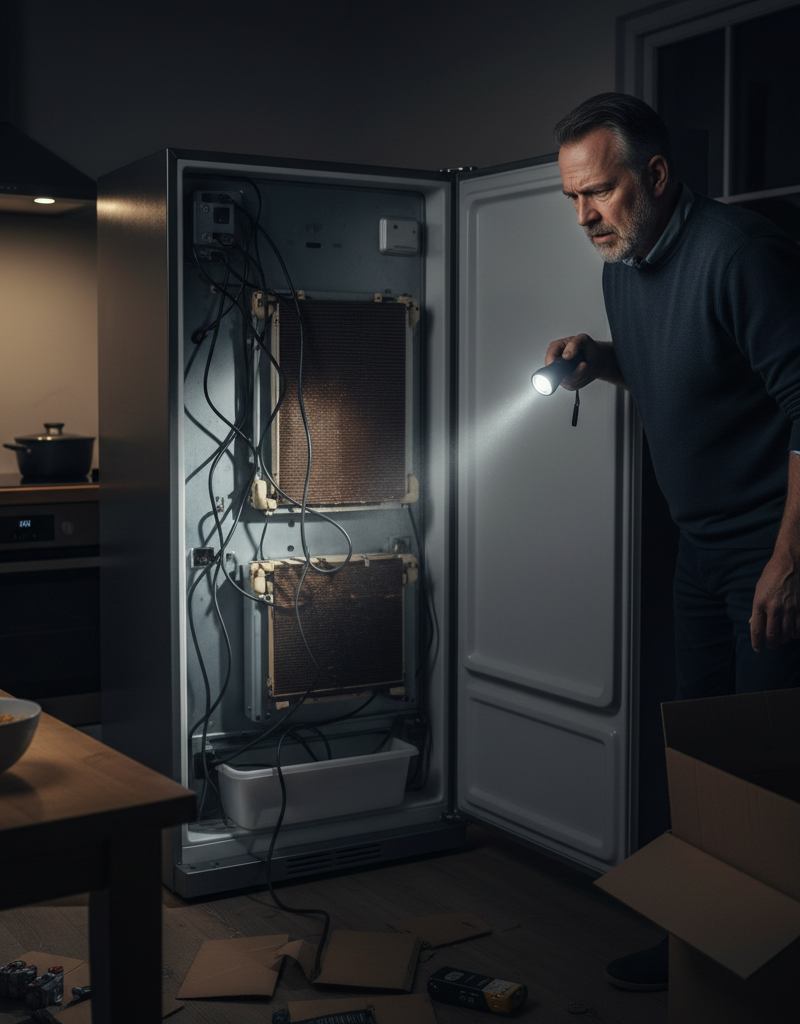 A person inspecting the back of their refrigerator for the source of a loud buzzing noise.