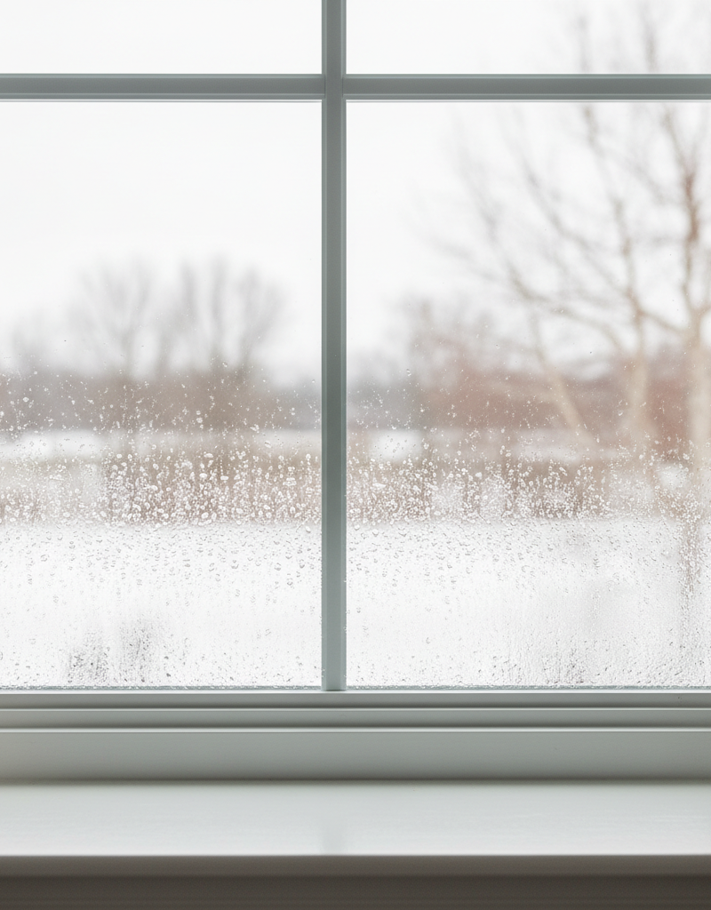 Water condensation forming on the inside of a home's window, indicating high indoor humidity.