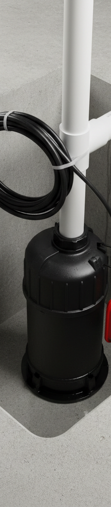 A sump pump and float switch inside a concrete sump pit, illustrating a common home drainage system.