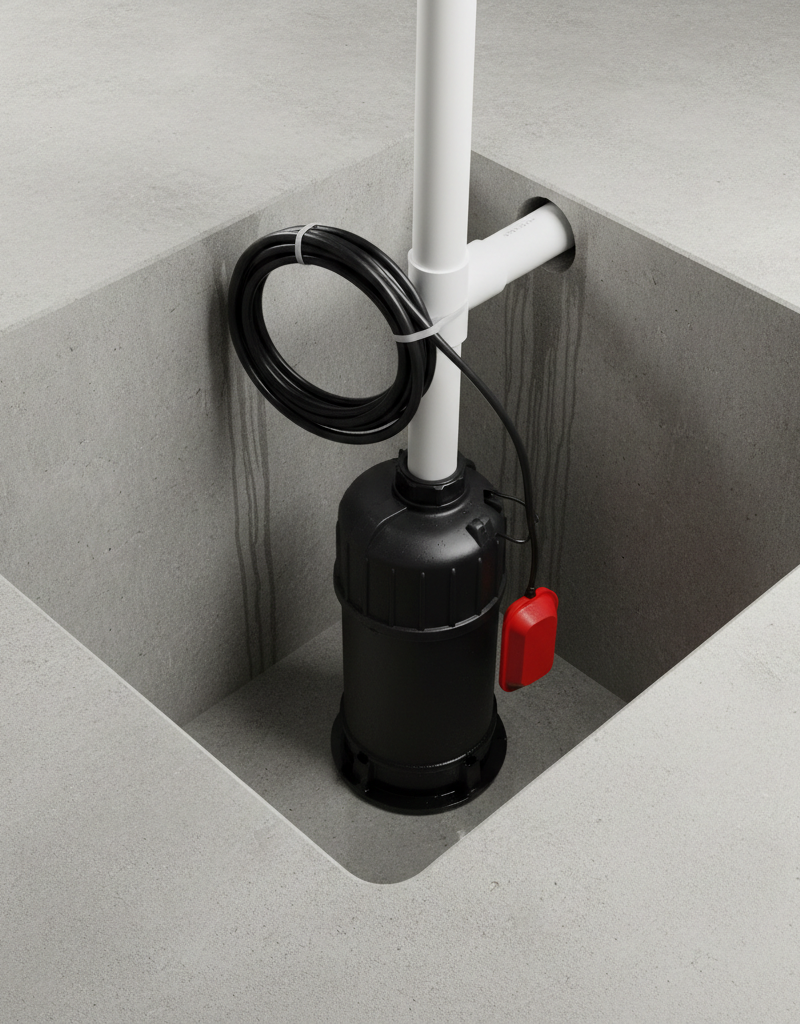 A sump pump and float switch inside a concrete sump pit, illustrating a common home drainage system.