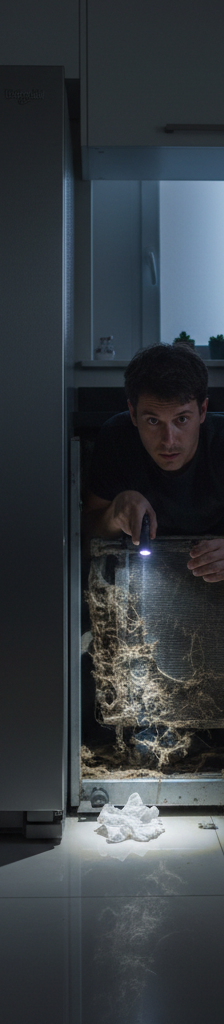 A homeowner shines a flashlight on the dusty condenser coils at the back of their refrigerator, trying to find the source of a loud buzzing sound.