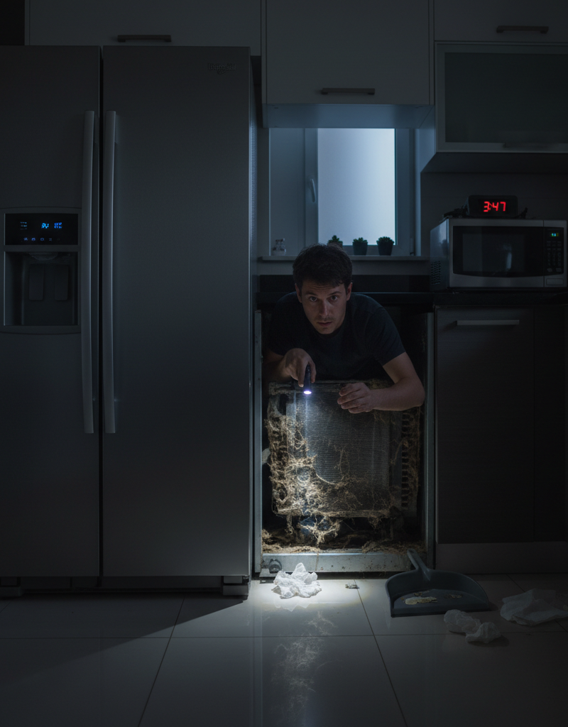 A homeowner shines a flashlight on the dusty condenser coils at the back of their refrigerator, trying to find the source of a loud buzzing sound.
