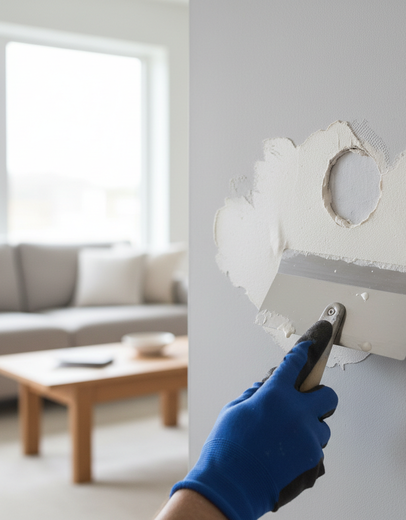 A person applying joint compound to a patched hole in drywall.