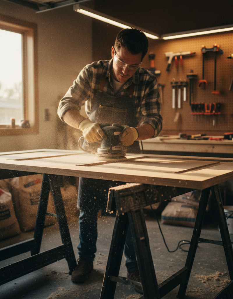 A person carefully sanding the edge of an interior wood door to fix it from sticking.