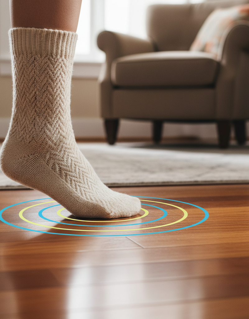 A foot pressing on a squeaky hardwood floorboard, causing a noise.