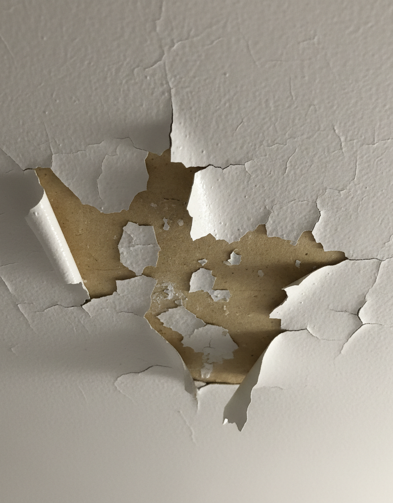Close-up of a white bathroom ceiling with paint peeling and cracking due to moisture damage.