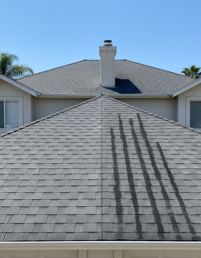A split view of an asphalt shingle roof, with one side showing dark black streaks from algae and the other side perfectly clean after treatment.