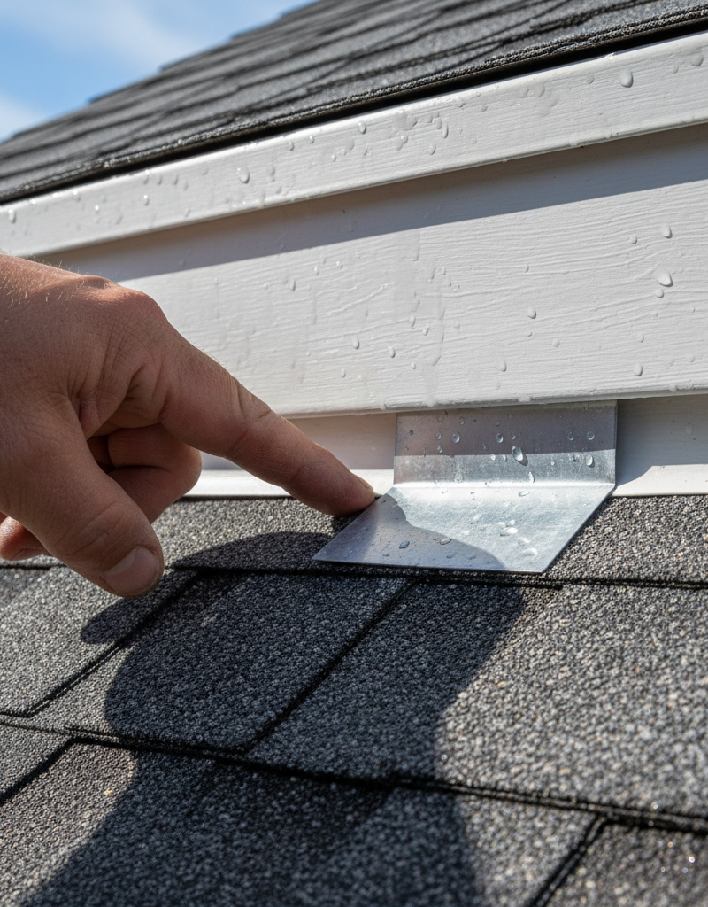 A close-up view of a roof-to-wall intersection showing the proper gap between the siding and the step flashing to prevent leaks from wind-driven rain.