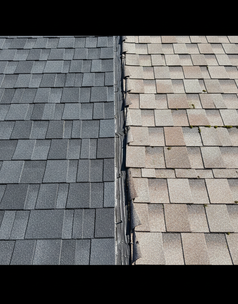 A split view of a residential roof, with one side showing old, worn-out asphalt shingles and the other side showing new, freshly installed architectural shingles.