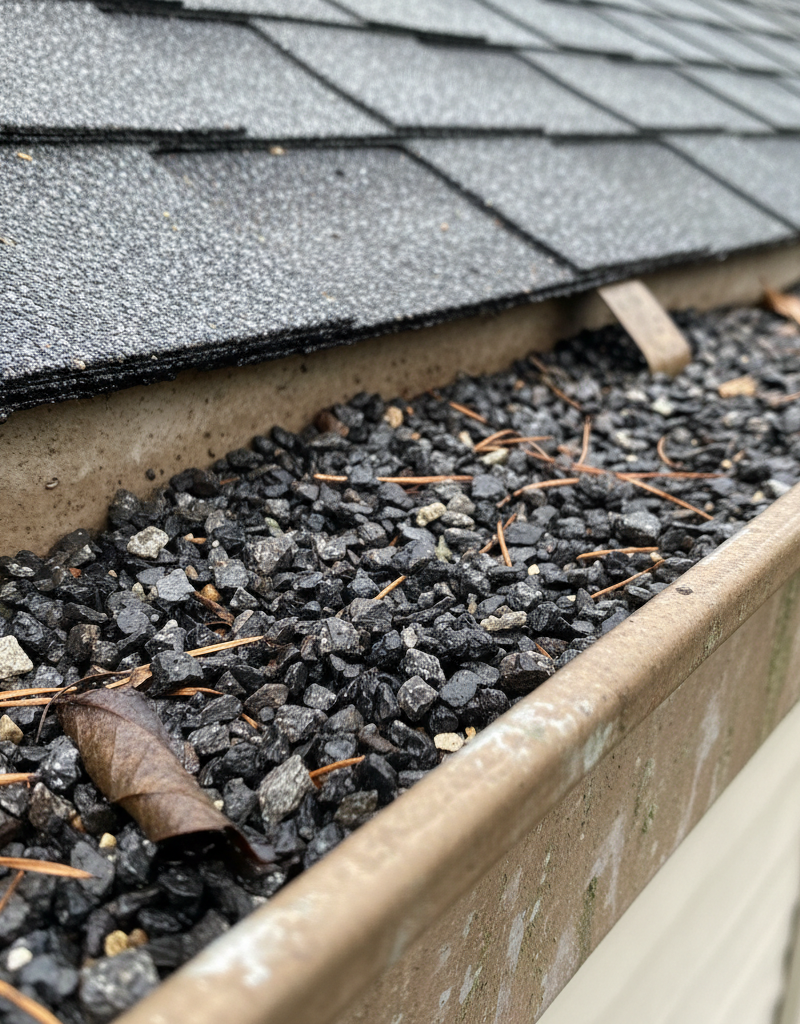 A rain gutter clogged with a thick layer of shingle granules, a clear sign of roof wear.