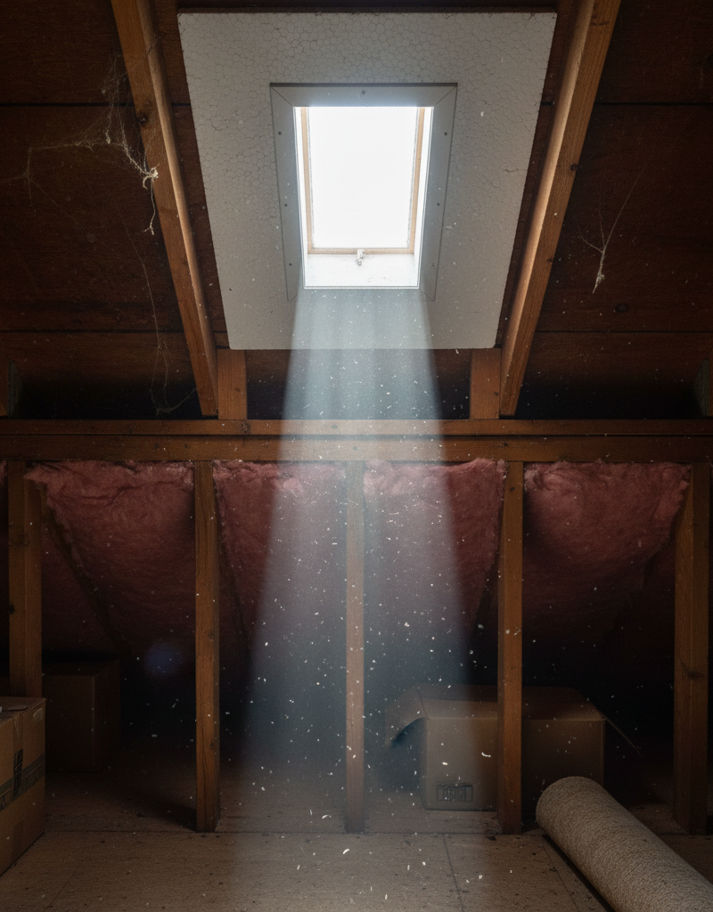A view from inside a properly ventilated attic, showing daylight filtering through the soffit vents at the roof's edge, indicating clear airflow.