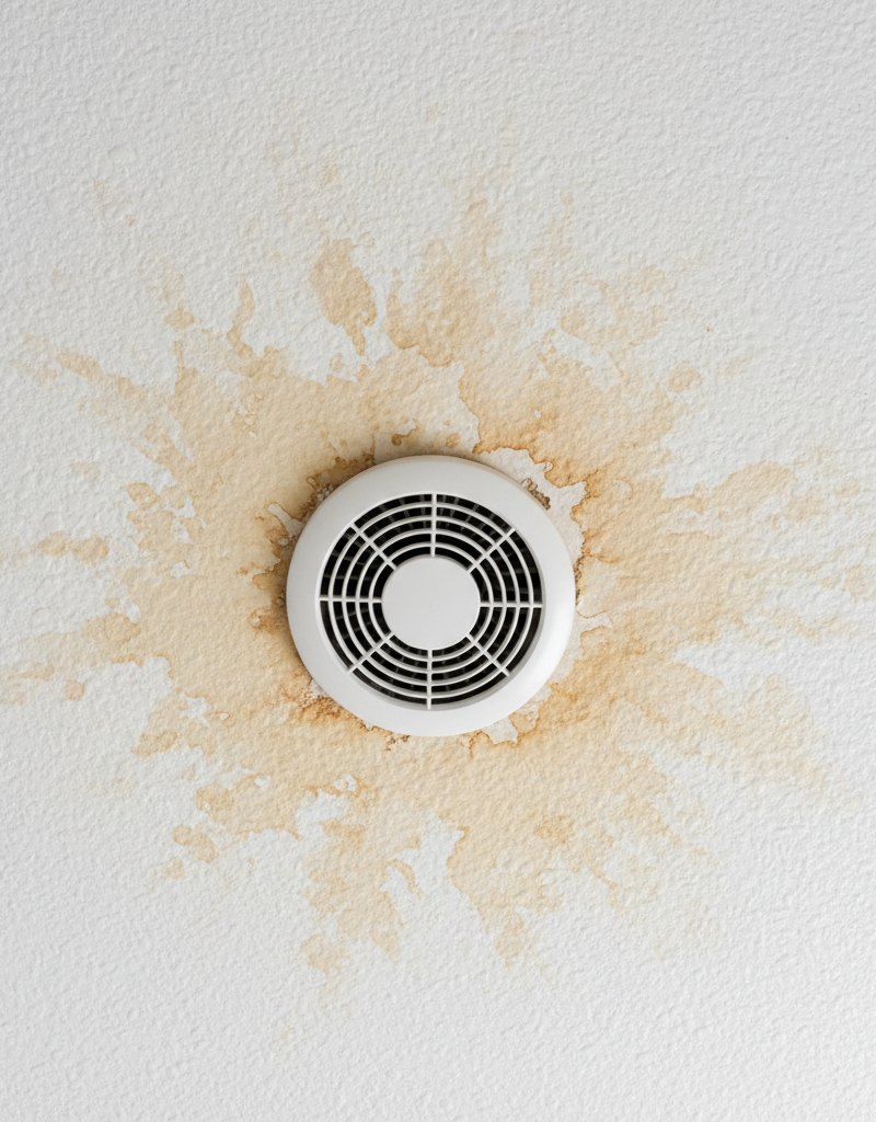 A brownish, circular water stain on a textured white ceiling, surrounding a white square bathroom ventilation fan.